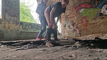 Dominatrix girl outdoor without mercy fucked strapon her slave man in the ass in the forest dangerous public in abandoned building