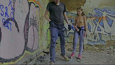 Dominatrix girl pegging anal man outdoor dangerous sex in an abandoned building amateur